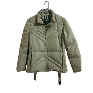 Larry Levine Down Puffer Jacket Sage Green‎ Chevron Quilted Belted Womens Size M